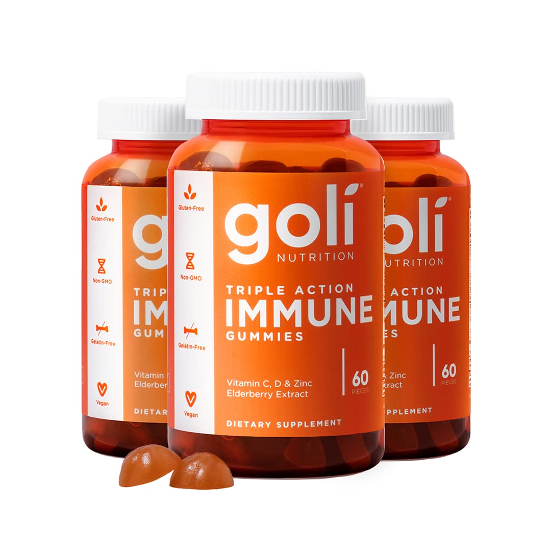 Goli Immune Vitamin Gummy - 180 Count - Elderberry, Vitamin C, D & Zinc, Vegan, Non-GMO, Gluten-Free & Gelatin-Free, Pack of 3