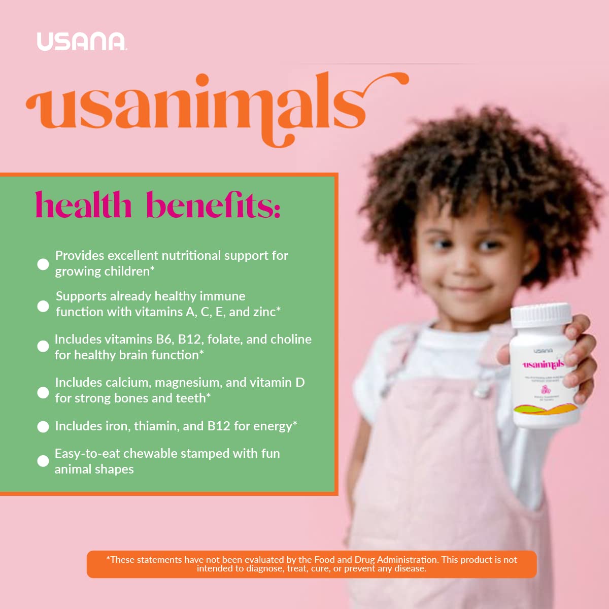 USANA Usanimals Multivitamin for Kids - Daily Chewable Tablets with Vitamins A, C, D, E, B6, B12, Zinc, Iron - Supports Immune, Bone & Brain Health - Essential Nutrients for Ages 2-12 - 56 Tablets