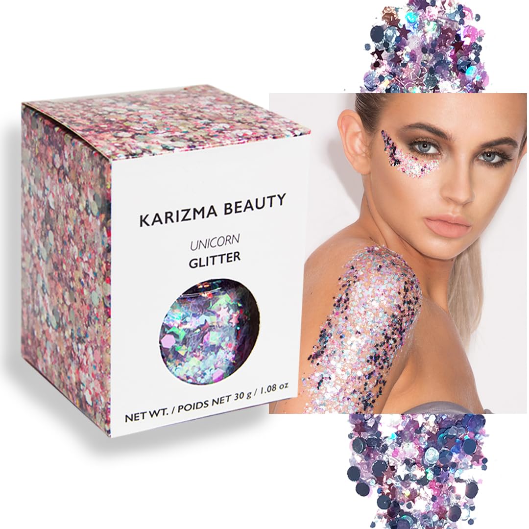 KARIZMA Unicorn Body Glitter. 30g Chunky Face Glitter, Hair Glitter, Eye Glitter and Body Glitter for Women. Rave Glitter, Festival Accessories, Cosmetic Glitter Makeup. Loose Glitter Set
