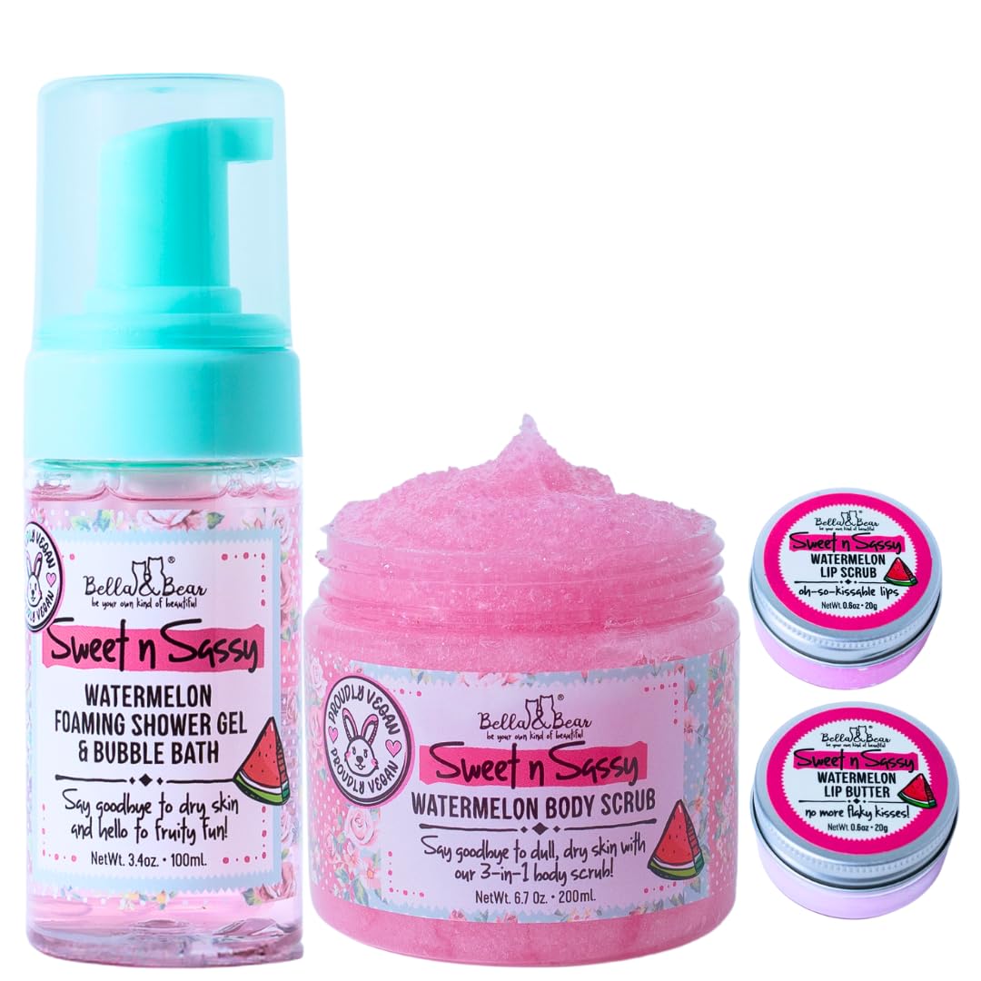 Bella & Bear Sweet 'n; Sassy MIdi Bath & Body Gift Set with Foaming Shower Gel & Bubble Bath, Body Scrub & Lip Scrub and Lip Butter