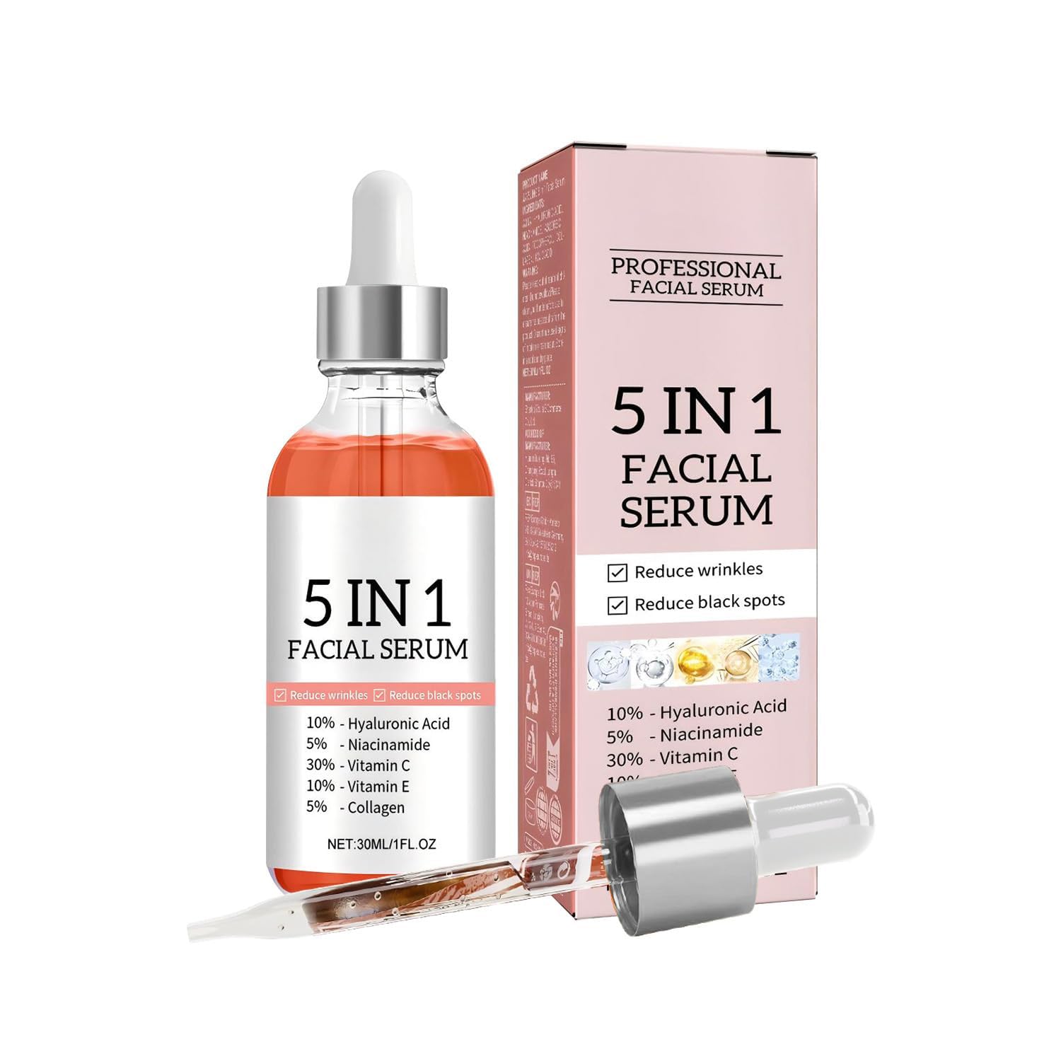 5 in 1 Facial Serum with Vitamin C, Vitamin E, Hyaluronic Acid, Niacinamide & Collagen, Vitamin C Face Serum for Women for Dull Skin & Facial Moisturizing, 1.05 Fl Oz