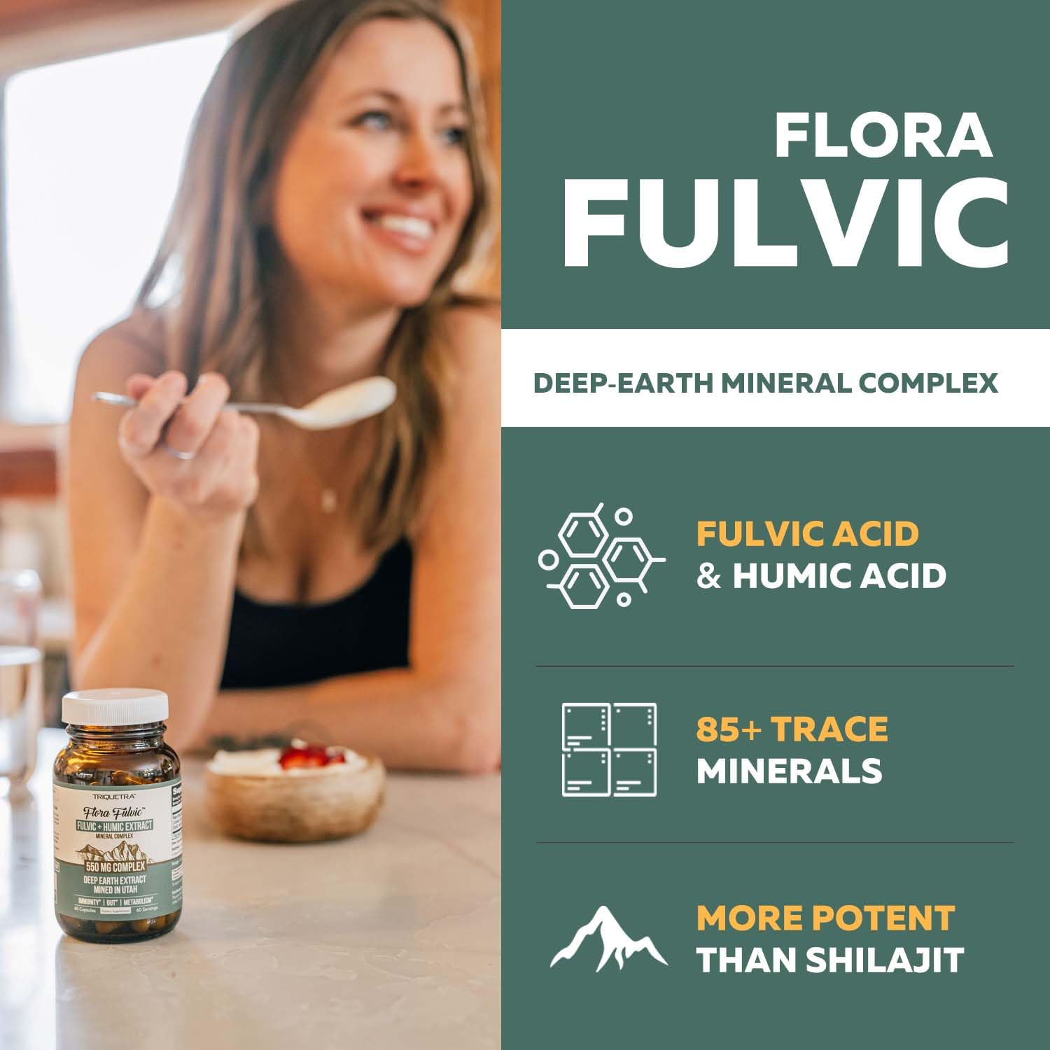 Flora Fulvic | Fulvic Acid + Humic Acid Complex – 550 mg |Mined in Utah, Prehistoric Deep Earth Extract | Immunity, Gut, Digestion – Natural Trace Mineral Complex, Fulvic Acid Supplement – 60 Capsules