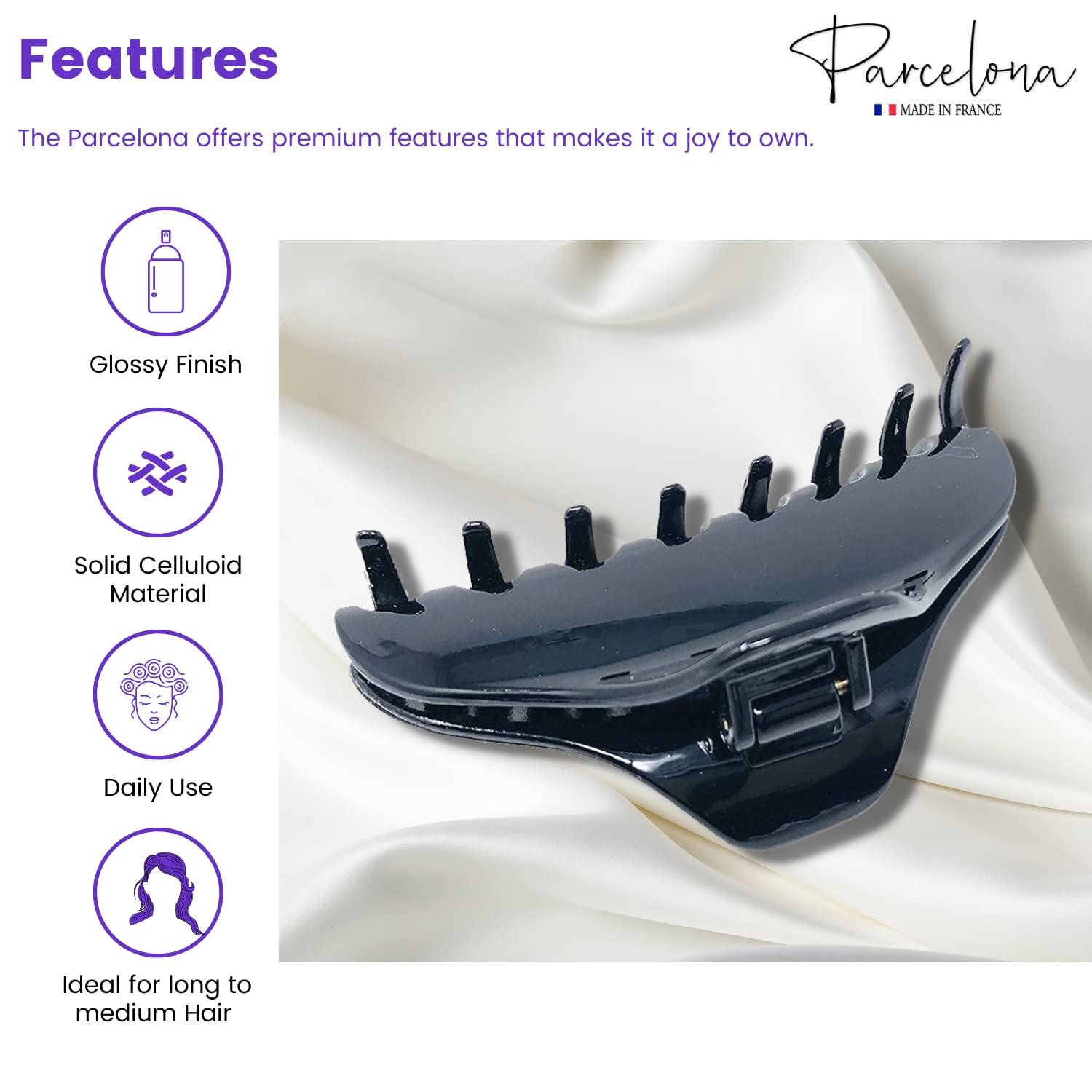 Parcelona French Boss Thin Glossy Black Medium Covered Spring Jaw Hair Claw Clip Clutcher Clamp