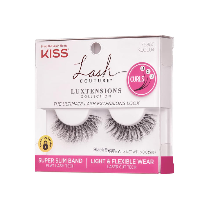 KISS Lash Couture LuXtensions Collection False Eyelashes, Flat Lash Technology, Super Slim Lash Band, Real Lash Extension Fibers, Reusable, Contact Lens Friendly Strip Lashes, Style Black Swan, 1 Pai