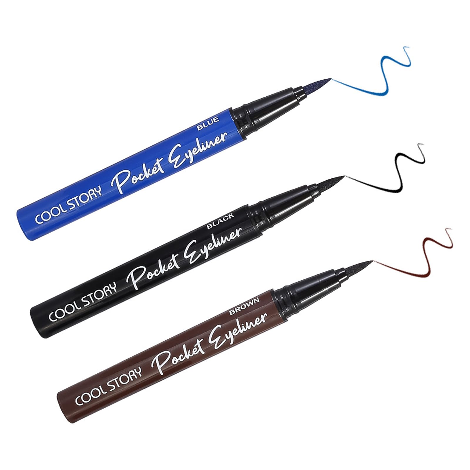 COOL STORY 3 Color Waterproof Liquid Eye Liner, Stay All Day Makeup with Fine Brush Tip Lasting Satin Finish, Smudge-Proof & Transfer-Resistant Black Brown Blue