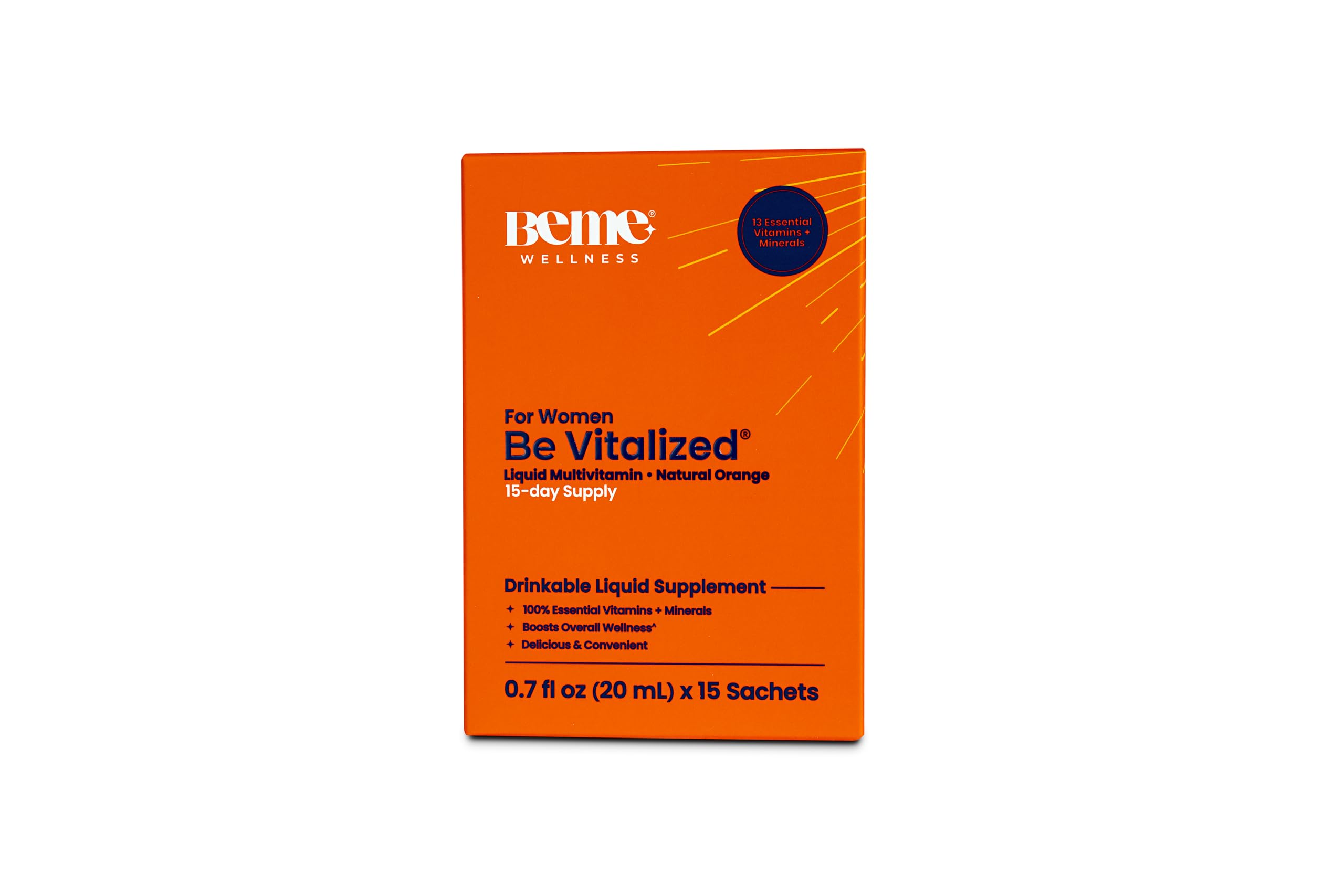BeMe Be Vitalized Liquid Multivitamin for Women - Daily Liquid Vitamins & Minerals, A, B-Complex, C, D, E, K, Calcium, Zinc, Magnesium, Women's Health & Wellness Supplement Drink (15 Sachets, Orange)