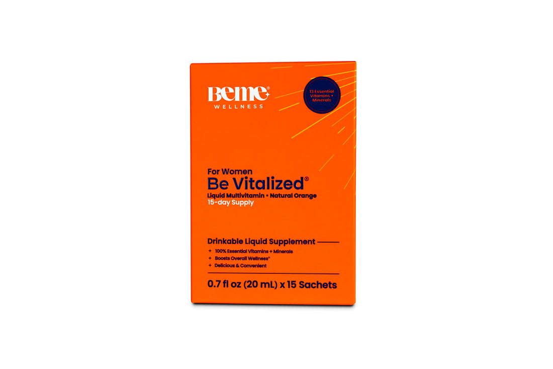 BeMe Be Vitalized Liquid Multivitamin for Women - Daily Liquid Vitamins & Minerals, A, B-Complex, C, D, E, K, Calcium, Zinc, Magnesium, Women's Health & Wellness Supplement Drink (15 Sachets, Orange)
