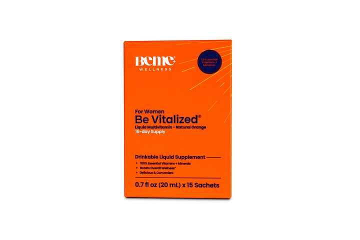 BeMe Be Vitalized Liquid Multivitamin for Women - Daily Liquid Vitamins & Minerals, A, B-Complex, C, D, E, K, Calcium, Zinc, Magnesium, Women's Health & Wellness Supplement Drink (15 Sachets, Orange)