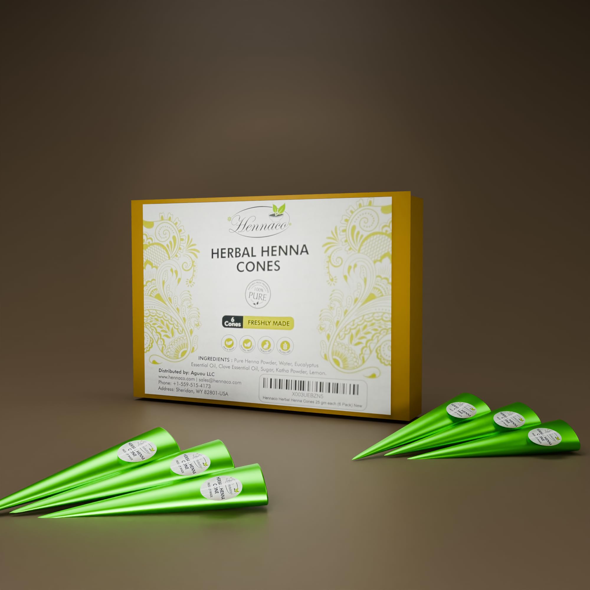 Hennaco Herbal Hair Coloring Cones - Natural & Pure Henna Dye for Hair (6 Pack)