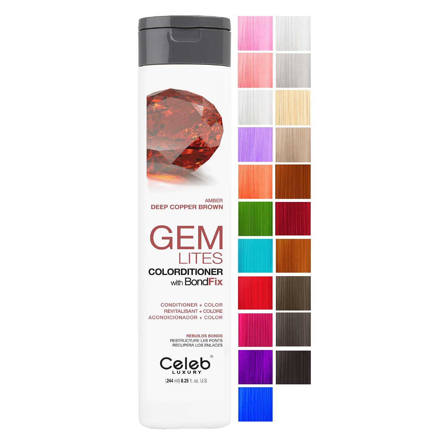 Celeb Luxury Gem Lites Colorditioner: Amber Copper Brown Hair Color Depositing Conditioner, Bondfix Bond Rebuilder, 10 Traditional Colors, Stops Fade. Condition + Color, Cruelty-Free, 100% Vegan