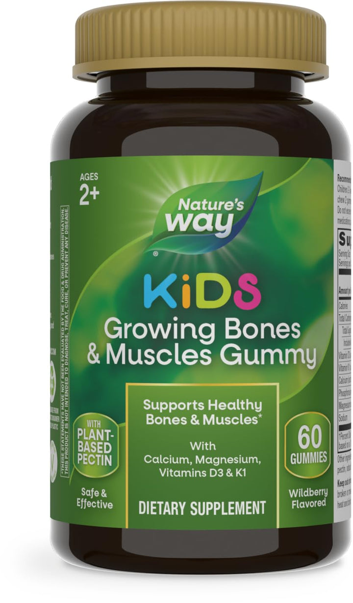 Nature's Way Kids Growing Bones & Muscles Gummies, Supports Healthy Bones & Muscles*, Calcium, Magnesium, Vitamins D3 & K1, Ages 2+, Wildberry Flavored, 60 Gummies (Packaging May Vary)