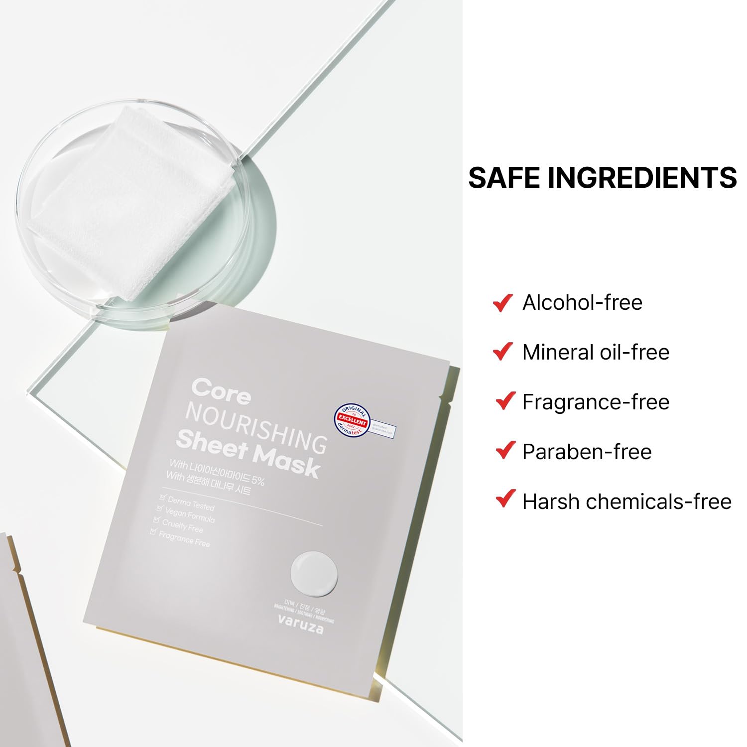 Core Nourishing Sheet Masks with Niacinamide Serum 5% for Dry Skin Tranexamic Acid, Rice Face Mask for Glass Skin Care, Moisturizing Glowing & Anti-Aging, Cruelty Free, Fragrance Free 5 Count