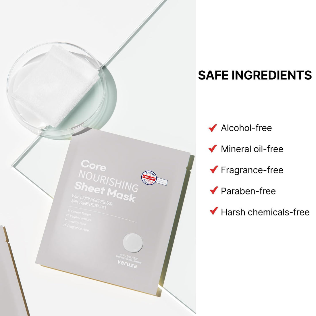 Core Nourishing Sheet Masks with Niacinamide Serum 5% for Dry Skin Tranexamic Acid, Rice Face Mask for Glass Skin Care, Moisturizing Glowing & Anti-Aging, Cruelty Free, Fragrance Free 5 Count