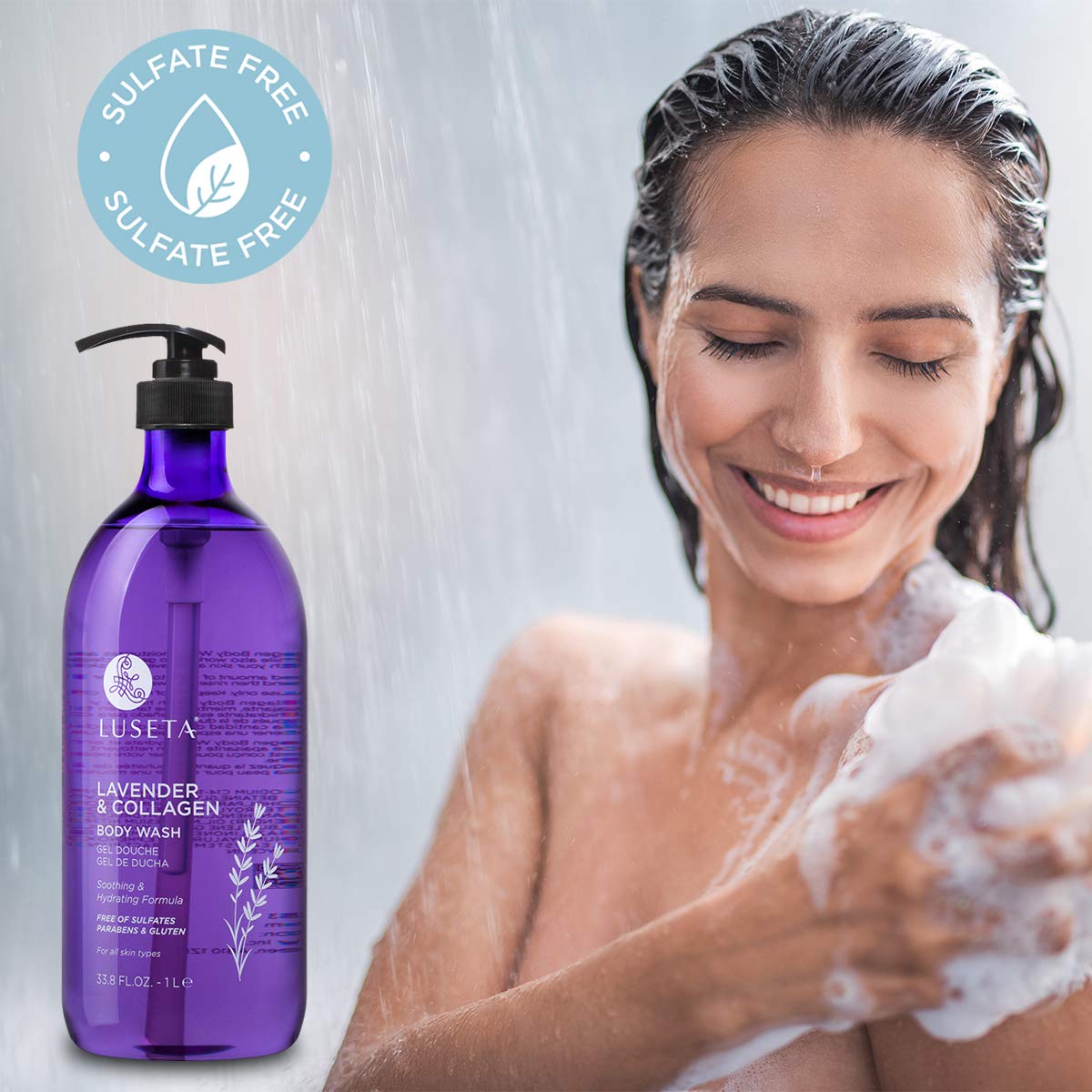 Luseta Lavender and Collagen Body Wash, Lightly Scented Daily Moisturizing Body Cleanser to Soothe & Relax 33.8oz