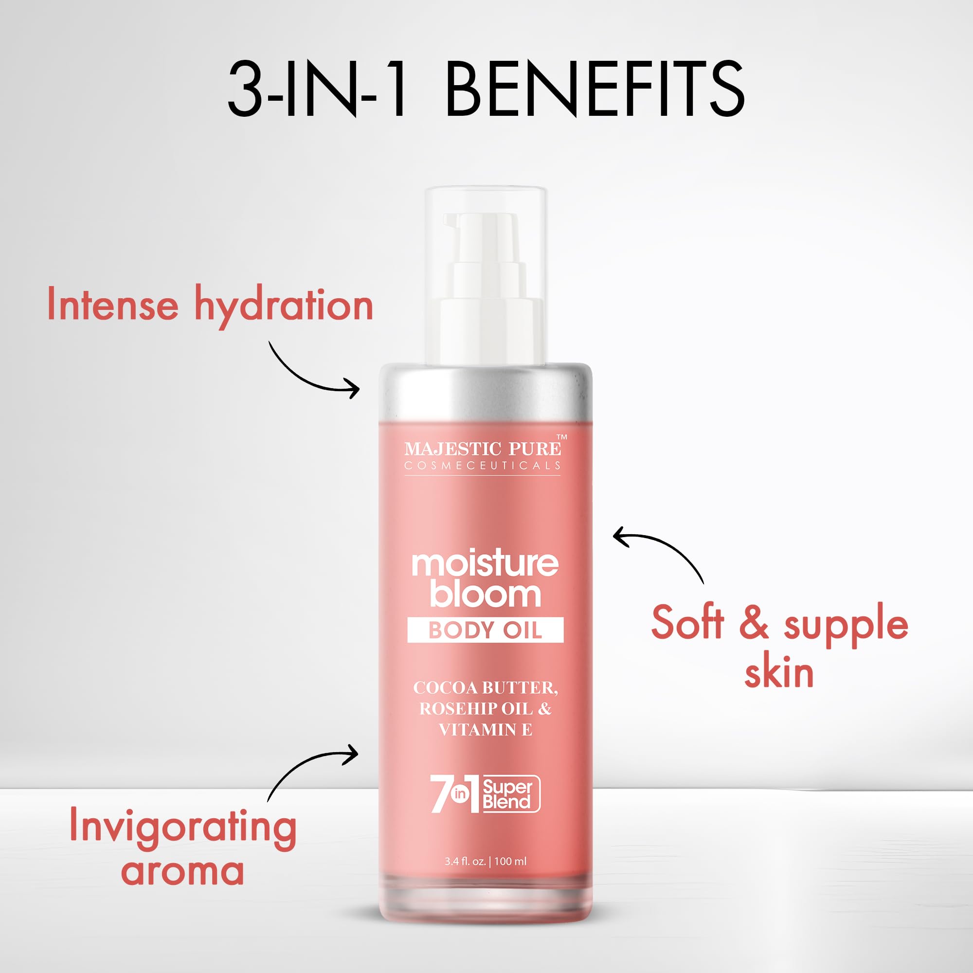 Majestic Pure Moisturizing Body Oil |100% Pure & Natural with Cocoa Butter, Rosehip, Vitamin E | After Shower Body Oils for Women and Men | Scented Radiant Skin Therapy Firming Massage Oil | 3.4 Fl Oz