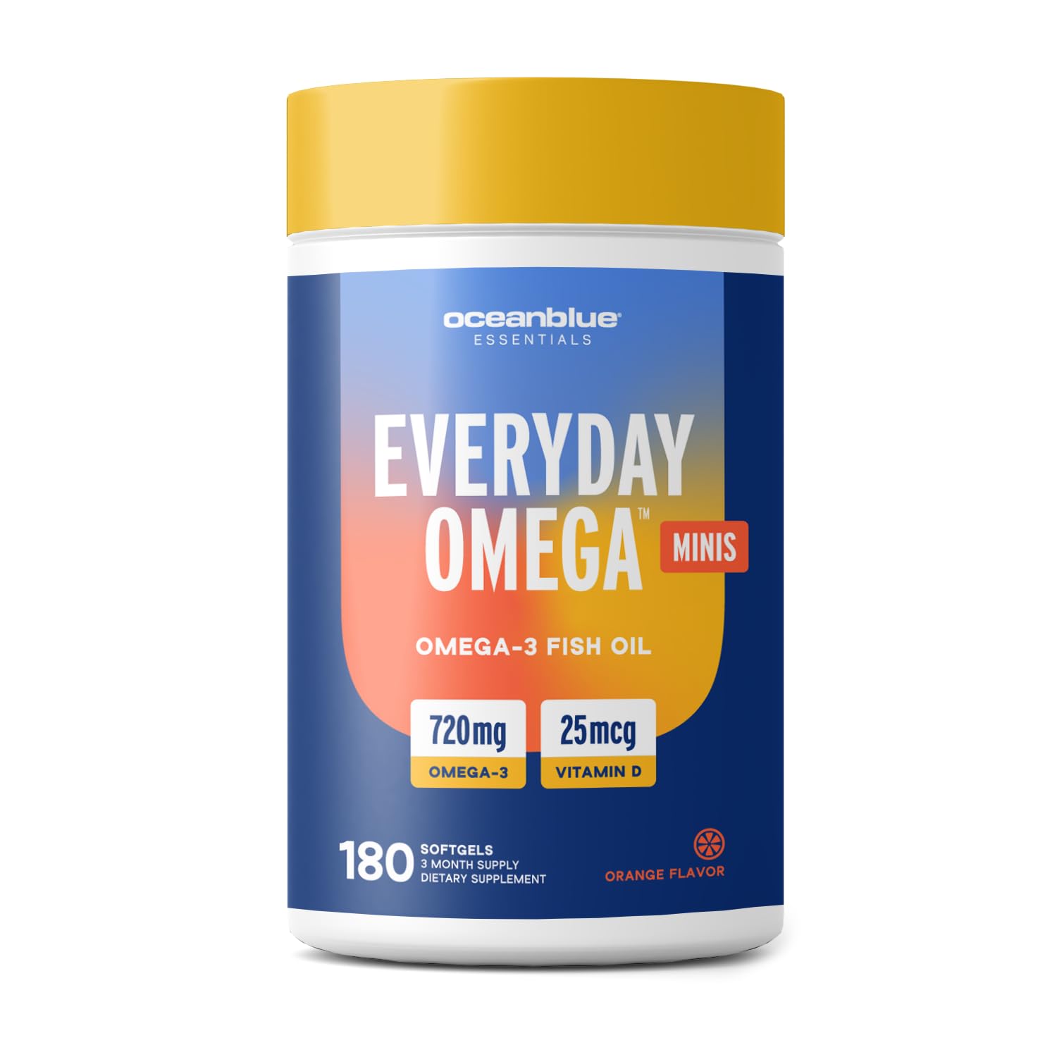 Oceanblue Essentials Everyday Omega Minis – 180ct – Burpless Fish Oil with Vitamin D3 – for Heart and Immune Support – Easy to Swallow Mini Softgels – Tasty Orange Flavor – 3 Month Supply