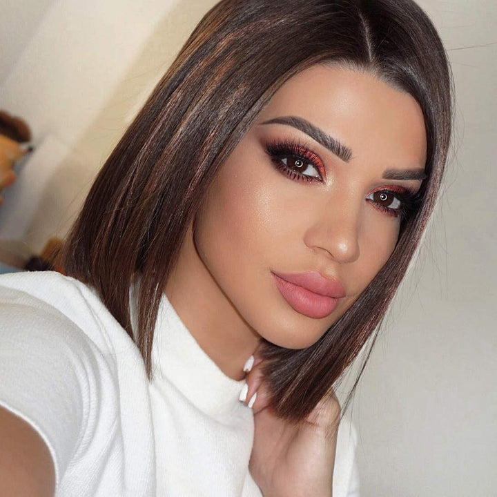 10 inch , #1B/#30 HL : ZANA Short Bob Human Hair Lace Front Wigs Brazilian Virgin Glueless Silk Straight Hair Wigs with Baby Hair for Black Women Highlight Color