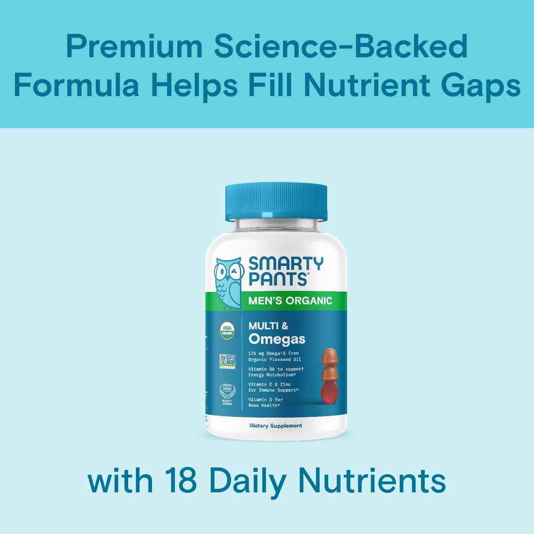 SmartyPants Multivitamin for Men, Organic Gummies: Methylfolate, Omega 3 (ALA), Vitamin D3, C, Vitamin B12, B6, A, K & Zinc for Immune Support, Biotin, Vegetarian, 120 Gummies (30 Day Supply)