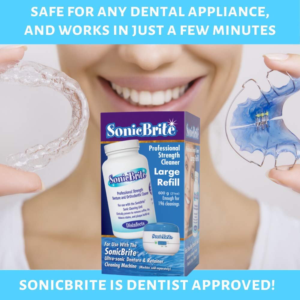 Sonicbrite Professional Strength Denture And Orthodontic Cleaner, New Larger Size, For Use With The Sonic Brite Cleaning Unit, 21 Total Ounces, 196 Cleanings
