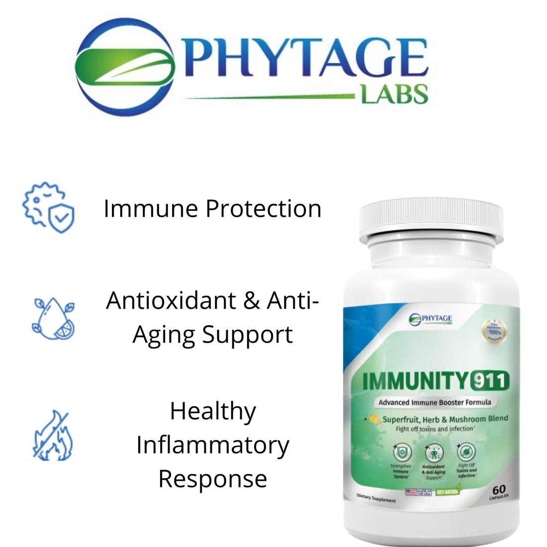 Phytage Labs Immunity 911 Supplement - with Natural Ingredients Like Turmeric, Vitamin C, B6, E, Zinc - High Potency Immune Support -60 Capsules