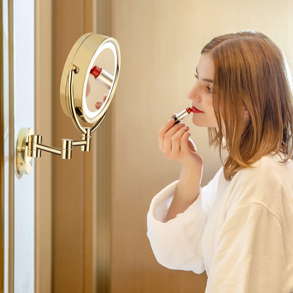 GuRun 8.5 Inch LED Lighted Wall Mount Makeup Mirror with 10x Magnification,Gold Finish M1809DJ(8.5in,10x)