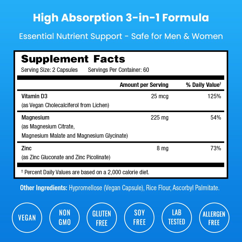NutraChamps Magnesium Zinc & Vitamin D3 Supplement - Most Bioavailable Forms; Magnesium Glycinate, Malate, Citrate - Bone, Muscle & Heart Health, Immune Support - 120 Vegan Capsules