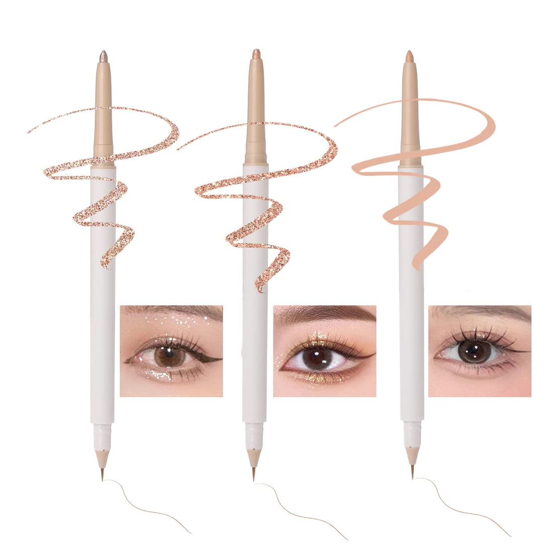 3PC Double Ended Highlighter Makeup Pen, Glitter & Matte Nude EyeLiner & Eyeshadow, Liquid Contour Liner 2 in 1 Eye Brightener Make Up Stick, Mulit-Funtional Long Lasting Lying Silkworm Pencil ( #01,