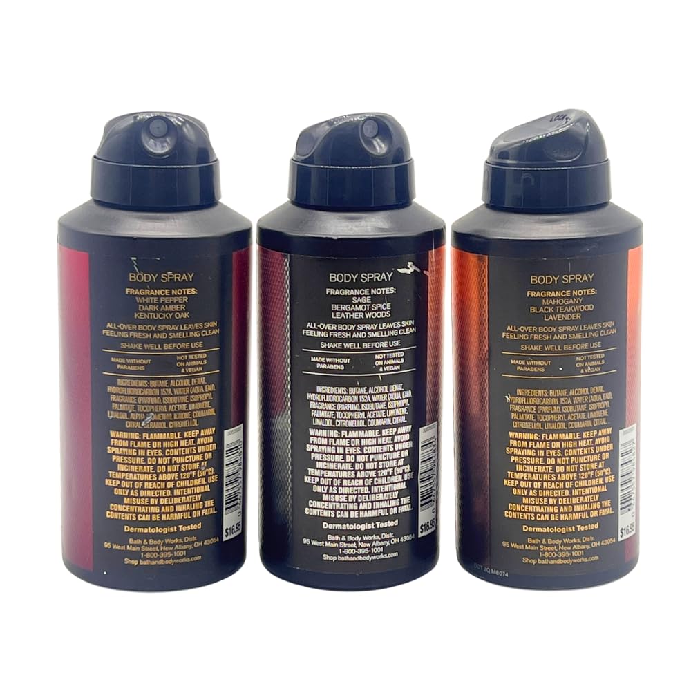 Bath and Body Works Men's Collection Deodorizing Body Spray - Mahogany Teakwood, Graphite, and Bourbon 3.7oz each 3-piece Gift Set with a Red Bow for Holidays