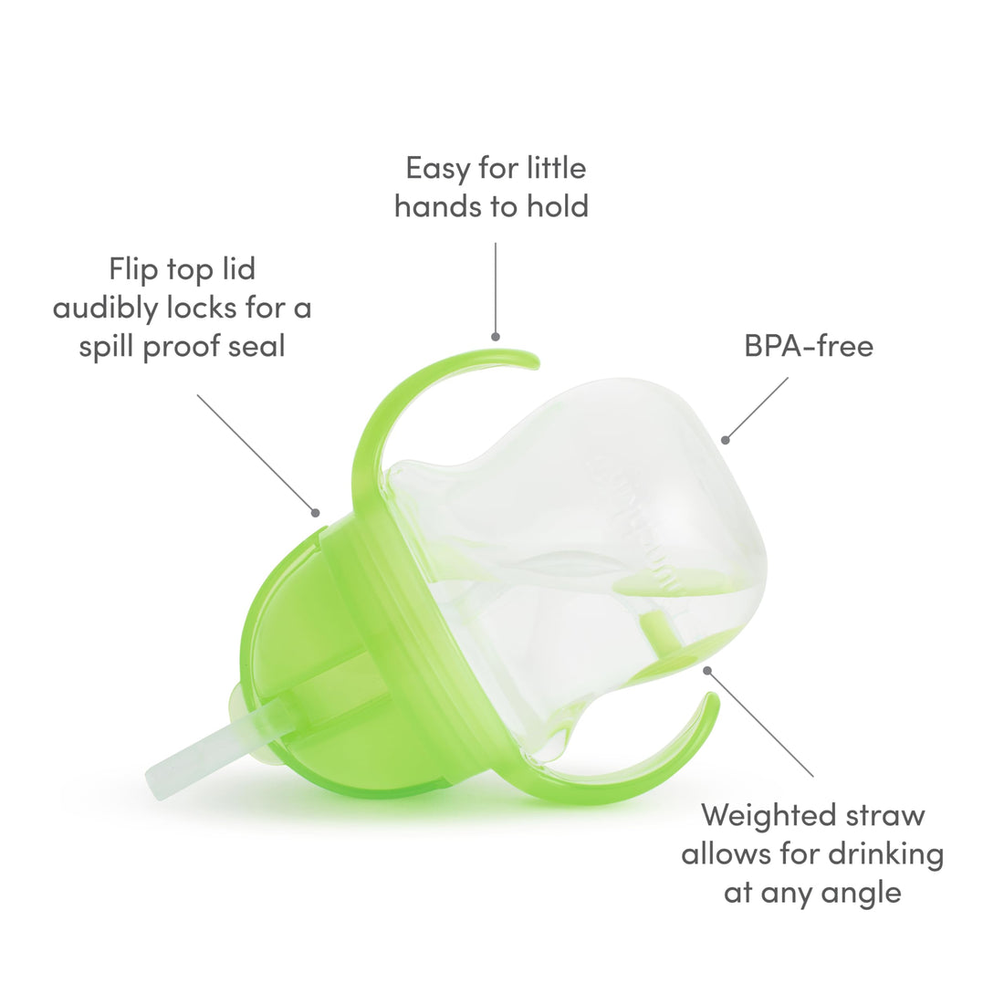 Munchkin Any Angle Sippy Cup for Toddlers, Spill Proof Weighted Straw Cup with Transition Handles for Babies 6 Months and Up, 7 Ounce, Green