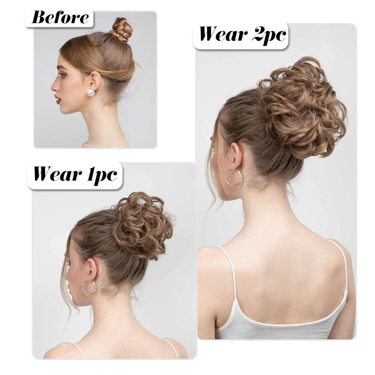 SARLA 2PCS Messy Hair Bun Hair Pieces Wavy Curly Synthetic Updo Fake Scrunchies Ponytail Extension for Women Jet Black