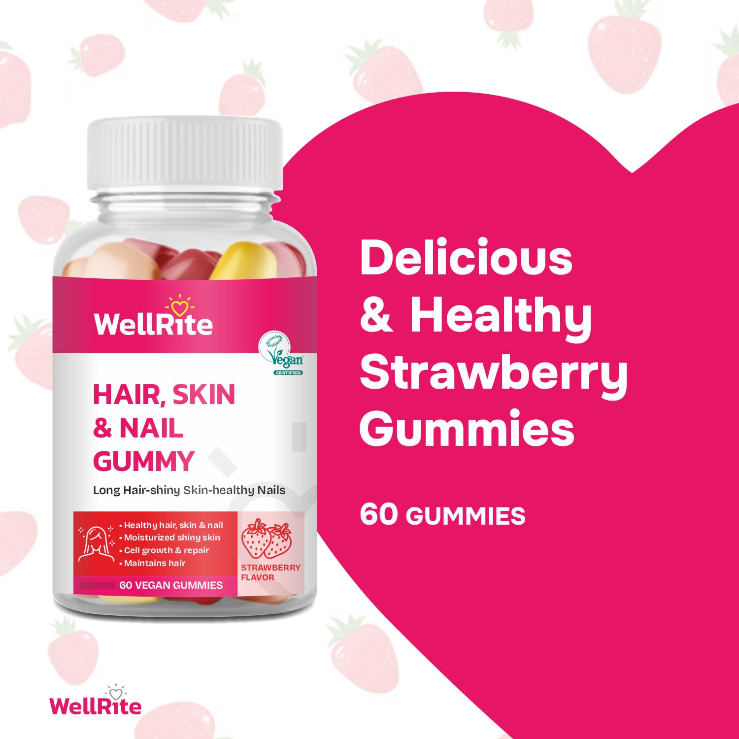 Wellrite Hair, Skin & Nail Gummy Vitamins, 60 Count, Strawberry Flavored, Vegan, Gelatin Free, Gluten Free, Nut Free, Long Hair, Shiny Skin, Healthy Nails, Cell Growth & Repair