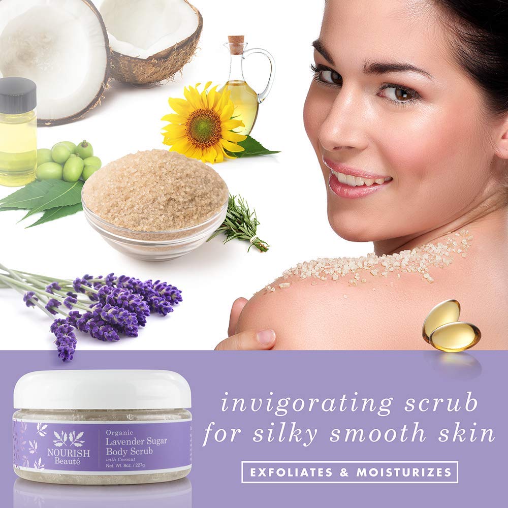Nourish Beaute Organic Sugar Body Scrub for Exfoliation and Cellulite, Hydrates and Moisturizes Skin While Improving Skin Tone and Texture, 8 oz, Lavender