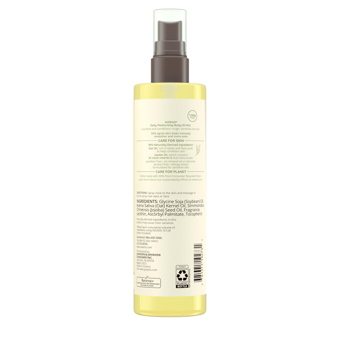 Aveeno Daily Moisturizing Body Oil Mist with Oat & Jojoba Oil for Dry Sensitive Skin, Nourishing Body Spray for Smoother Skin, Paraben-, Silicone- & Alcohol-Free, Twin Pack, 6.7 fl. oz, 2 Pack