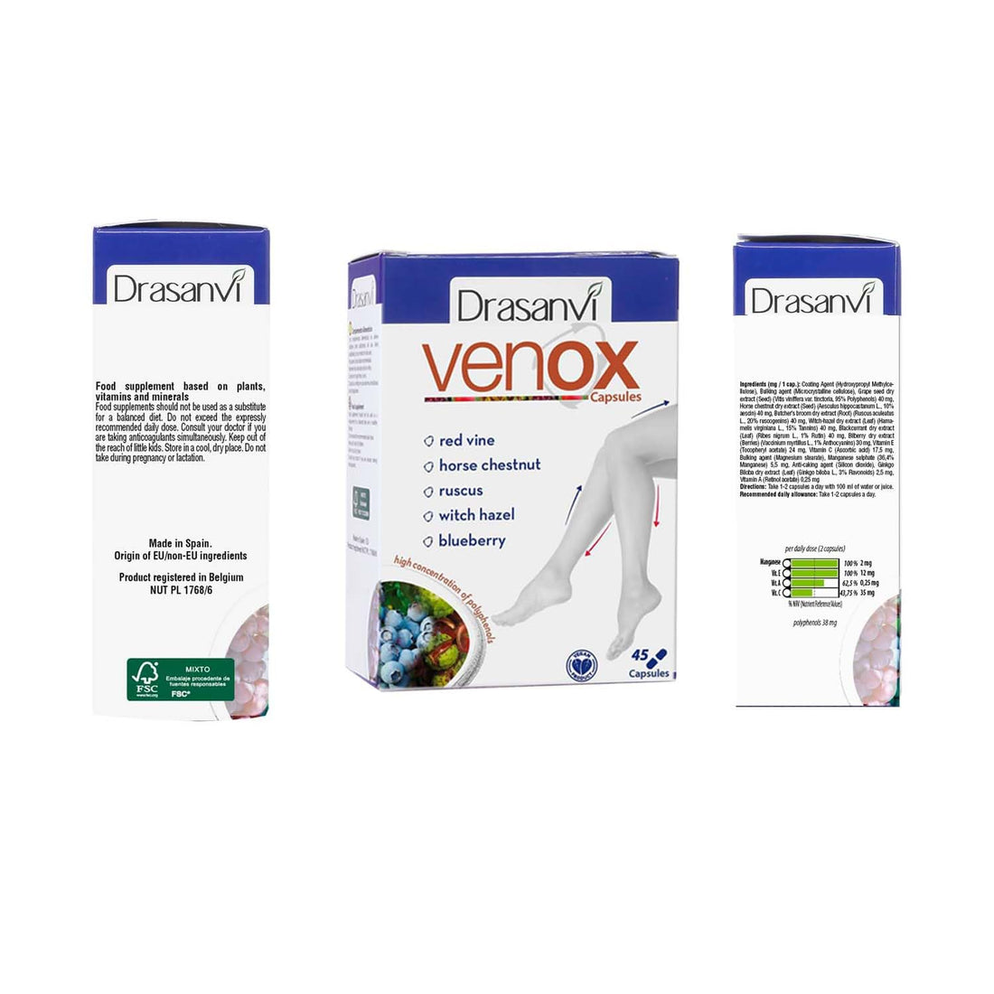Drasanvi VENOX 45 Capsules - Health Care - Vitamins & Dietary Supplements - Vitamins - Multivitamins - Legs - Red Vine - Blueberries - Blackcurrant - Vitamins A, C and E - Gluten Free - Vegan