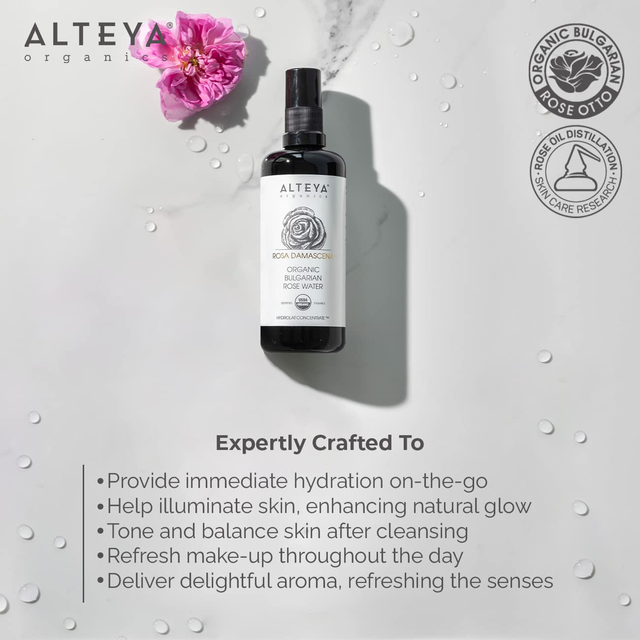 Alteya USDA Organic Rose Water Toner Mist 200milliliter/6.8fl.oz Violet Glass Spray
