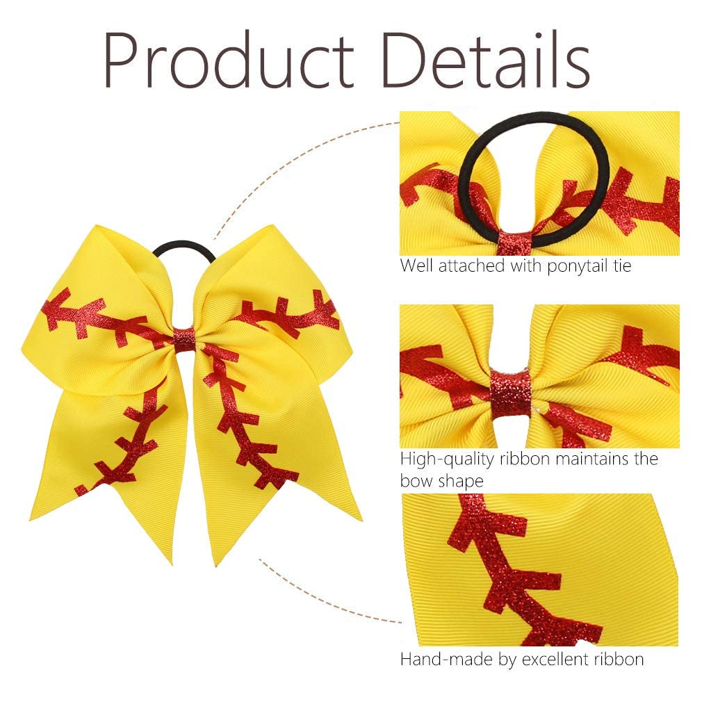 16PCS 8 Large Cheer Hair Bows Ponytail Holder Elastic Band Handmade for Cheerleading Teen Girls College Sports (16 Pcs) (Baseball Yellow)