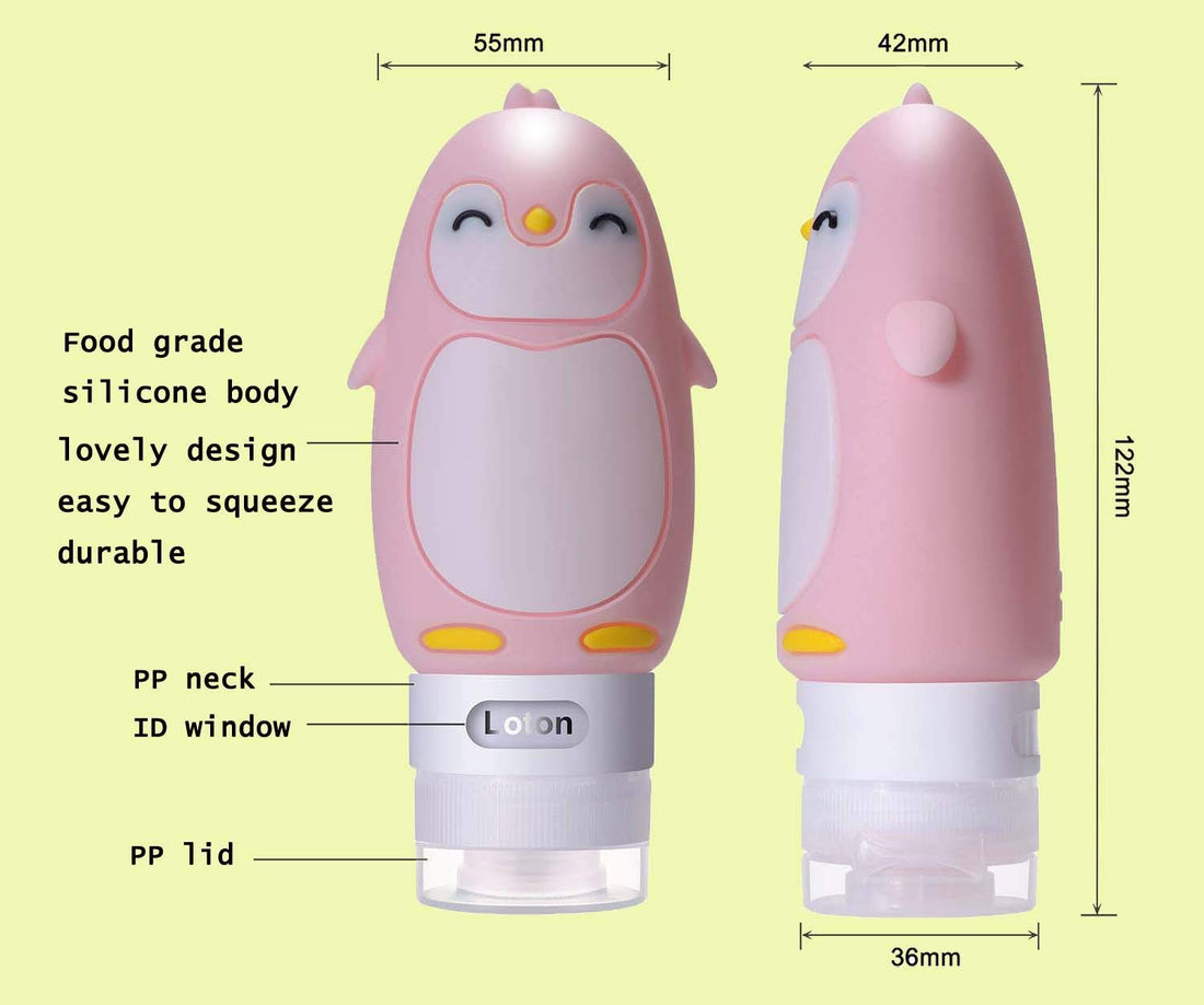 AUTENS Leakproof Silicone Travel Bottles Accessories Set, 3oz (90ml) 4 Pack Refillable Cute Penguin Travel Containers for Shampoo, Conditioner, Liquid, Lotion, Sunscreen - FDA, TSA Approved & BPA Free