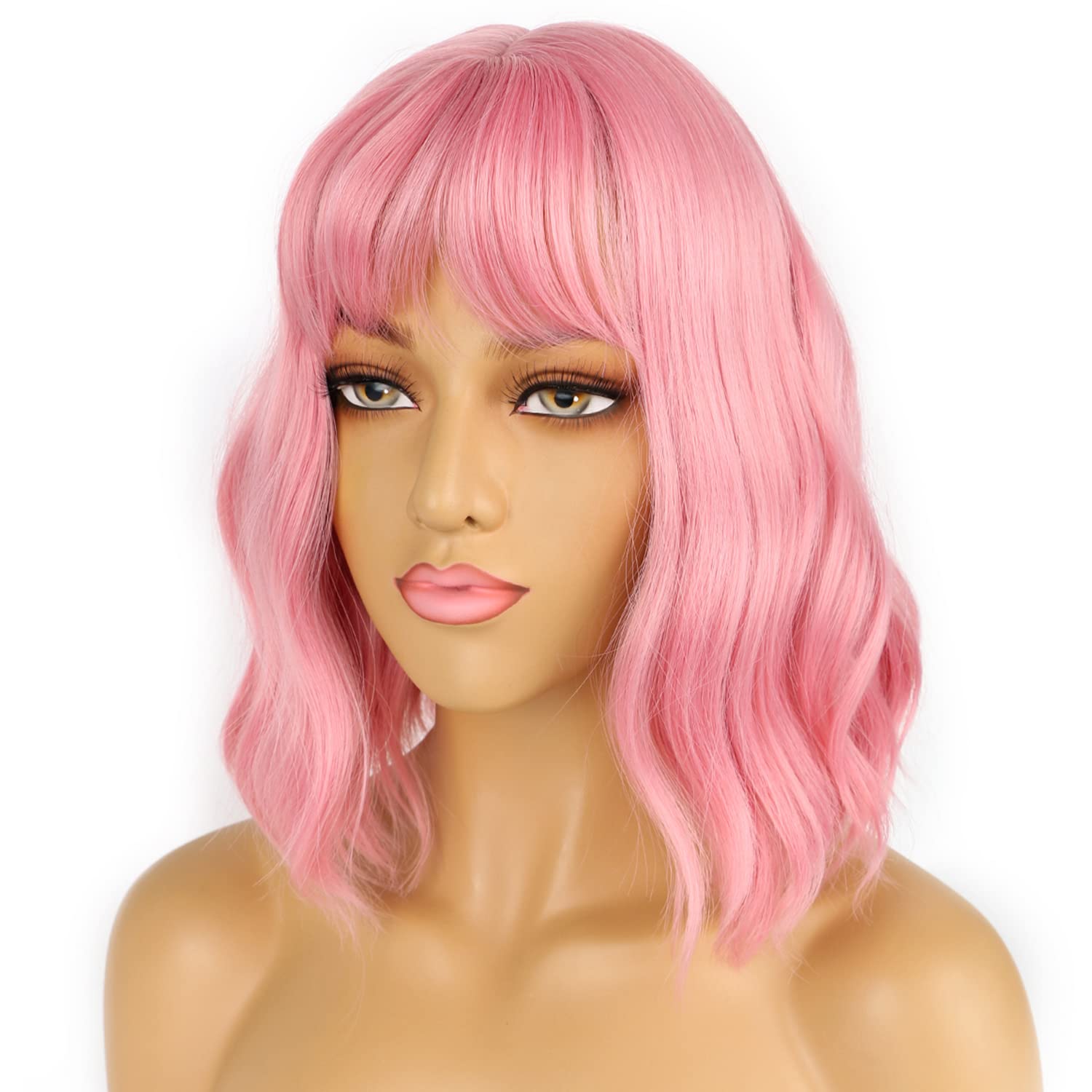 LANCAINI Pastel Bob Wigs with Bangs for Women Loose Wavy Wig Pastel Wavy Shoulder Length Bob Synthetic Cosplay Wig for Girl Colorful Costume Wigs (Pink)