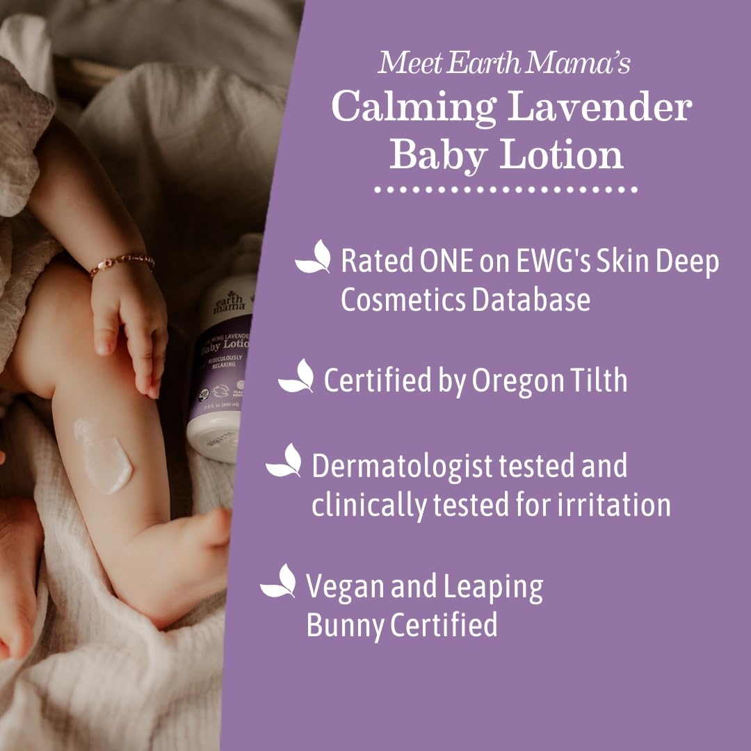 Earth Mama Calming Lavender Baby Lotion for Dry Skin, Calendula Cream for Newborn Skin Care, Organic Moisturizer for Children, Aloe Juice, Rooibos, & Shea Butter, Lavender Lotion, 8 Fl Oz (2Pk)