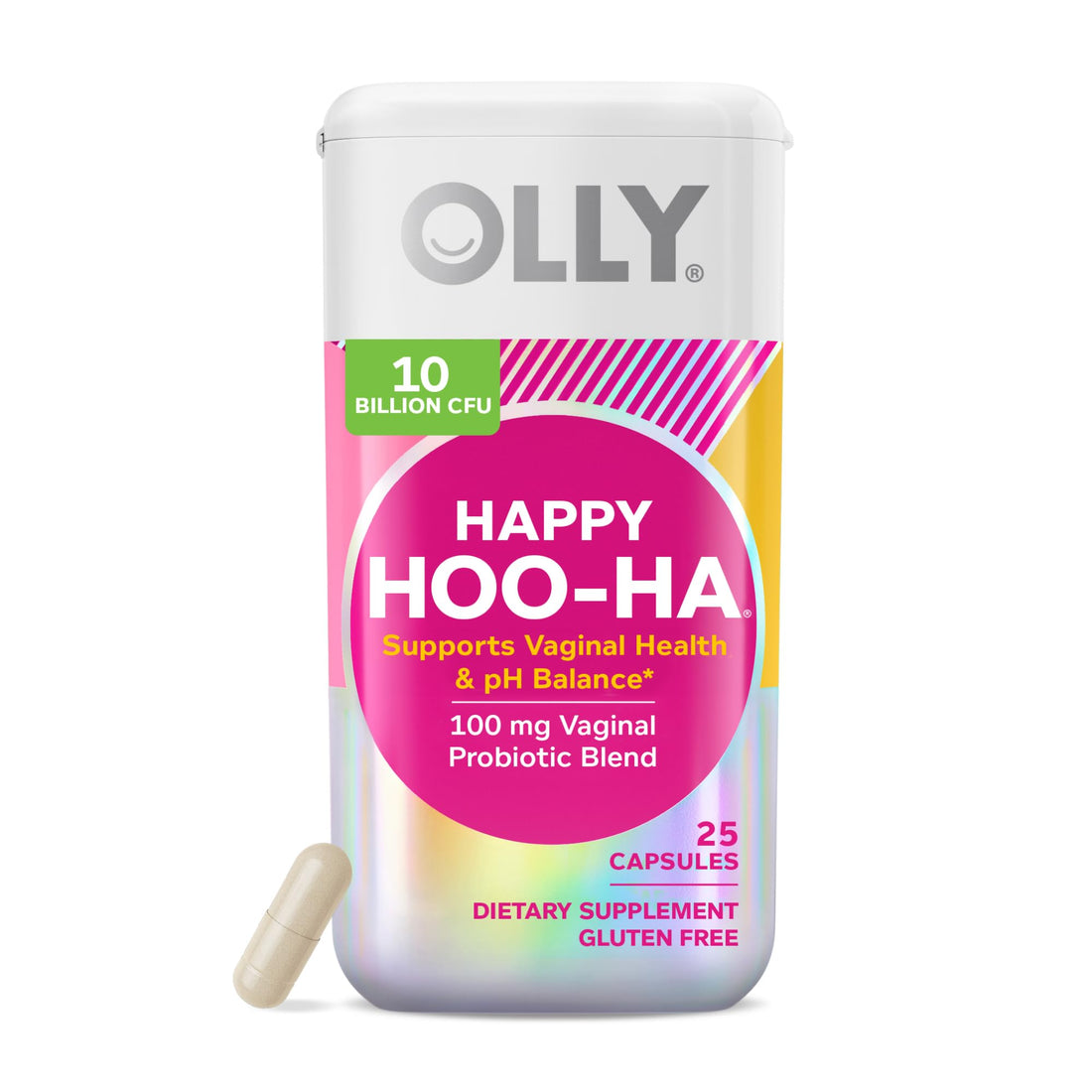 OLLY Happy Hoo-Ha Capsules, Probiotic for Women, Vaginal Health and pH Balance, 10 Billion CFU, Gluten Free - 25 Count