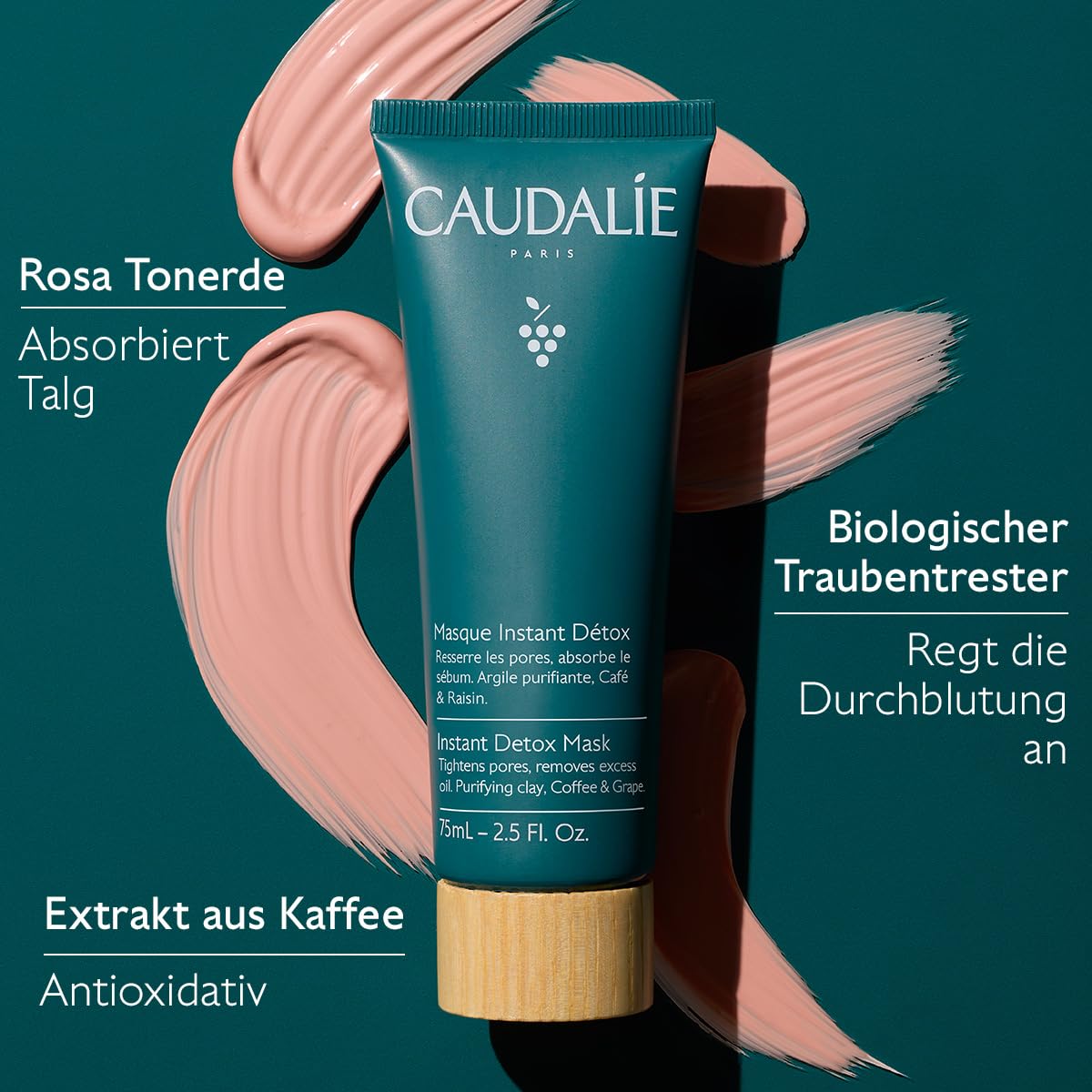 Caudalie Instant Detox Mask, Pore Minimizing Clay Mask, Visibly Eliminates Excess Sebum and Visibly Tightens Pores in as Little as 10 Minutes, 2.5 Fl Oz