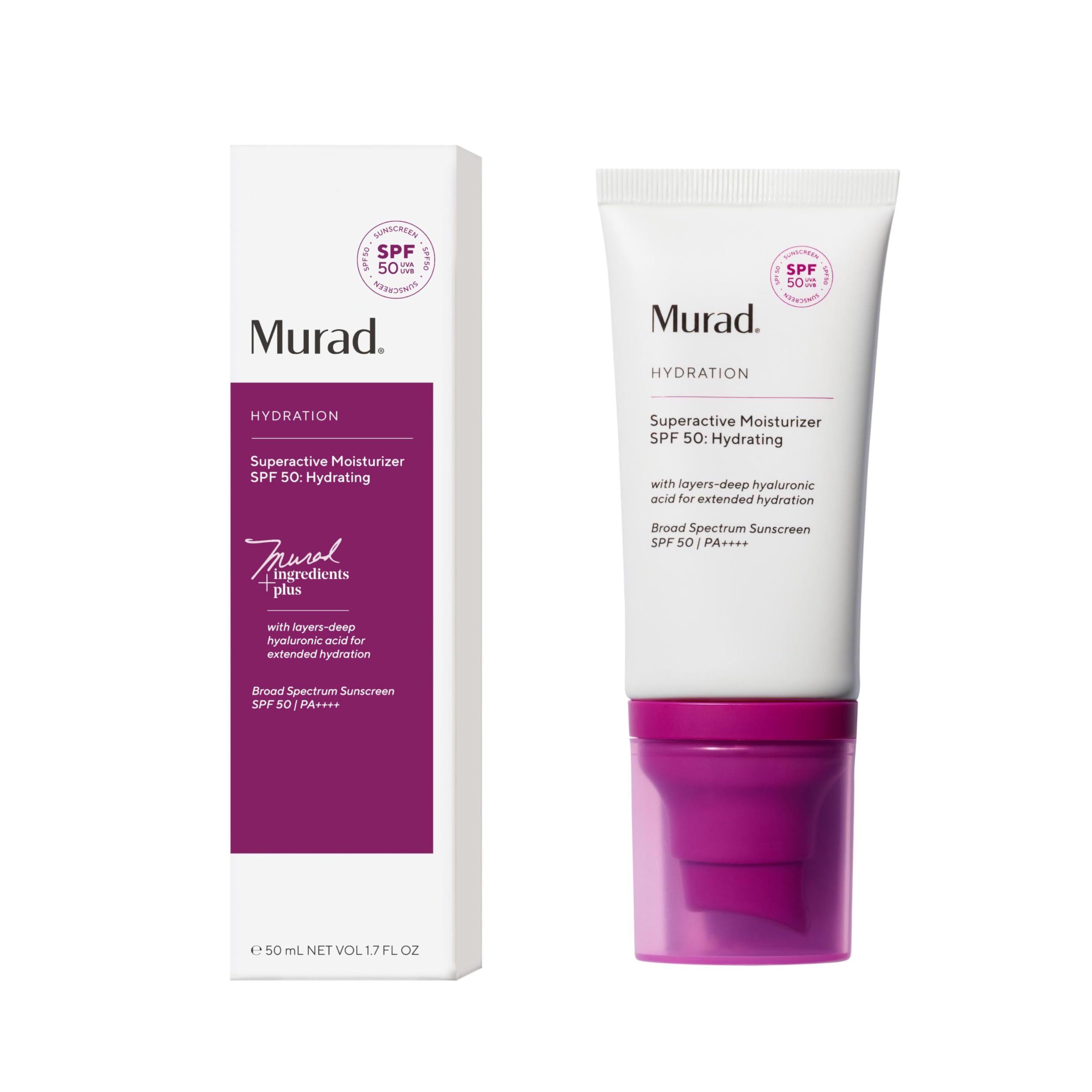 Murad Superactive Hydrating Moisturizer SPF 50 - Dewy Hydration Facial Suncreen Supercharged with Hyaluronic Acid For Plump and Bouncy Skin - 1.7FL Oz