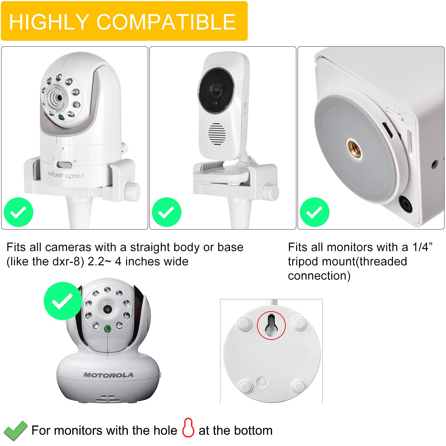 Baby Monitor Mount Camera Shelf Compatible with Infant Optics DXR 8 & DXR-8 Pro and Most Other Baby Monitors,Universal Baby Camera Holder,Attaches to Crib Cot Shelves or Furniture (White)