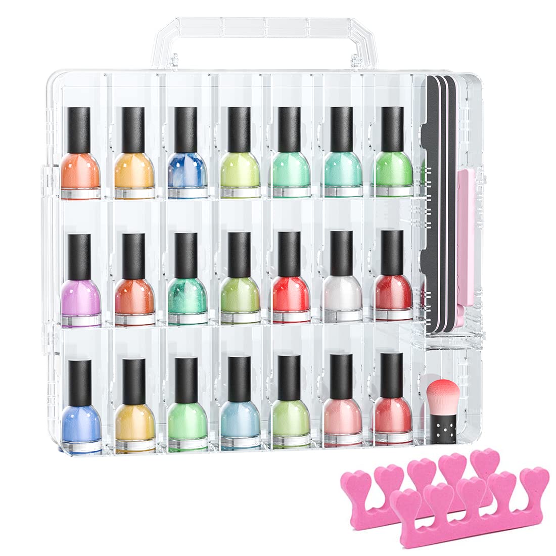 JiaSheng Universal Double Side Transparent Nail Polish Gel Organizer Holder For 48 Bottles Adjustable Space Divider With Two Toe Separator