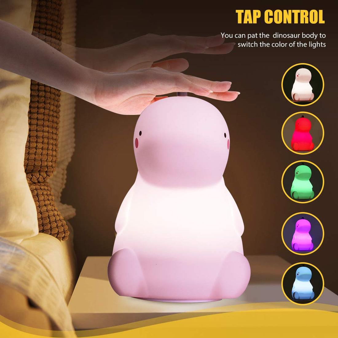 VSATEN Dinosaur Night Light for Kids, Color Changing Silicone Baby Night Light with Touch Sensor for Kids' Bedroom, USB Rechargeable LED Bedside Nursery Lamp, Cute Dinosaur Lamp Gifts