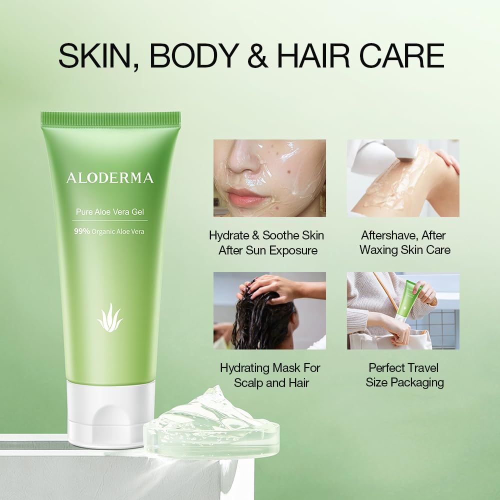 Aloderma 99% Organic Aloe Vera Gel Made within 12 Hours of Harvest, Refreshing Travel Size Aloe Vera Gel for Face & Body, Cooling, Soothing Instant Relief for Skin & Sunburn, Hydrating Aloe Gel, 1.5oz
