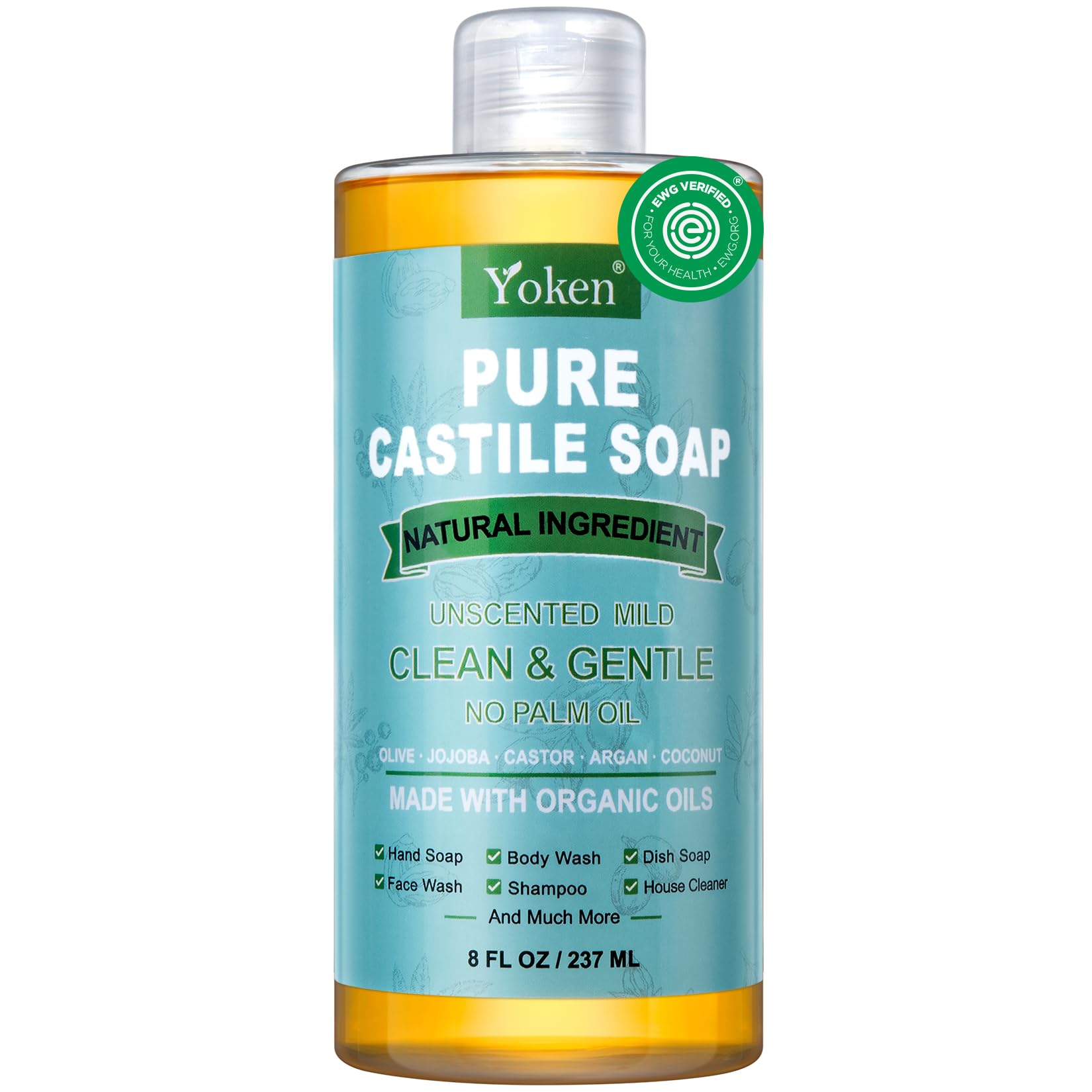 Yoken Pure Castile Liquid Soap Organic (EWG Verified, Unscented, 8 OZ), Made with Organic Oils, No Added Fragrance, Vegan, Castile Soap Liquid for Face, Laundry, Dishes, Sensitive Skin, Travel Soap