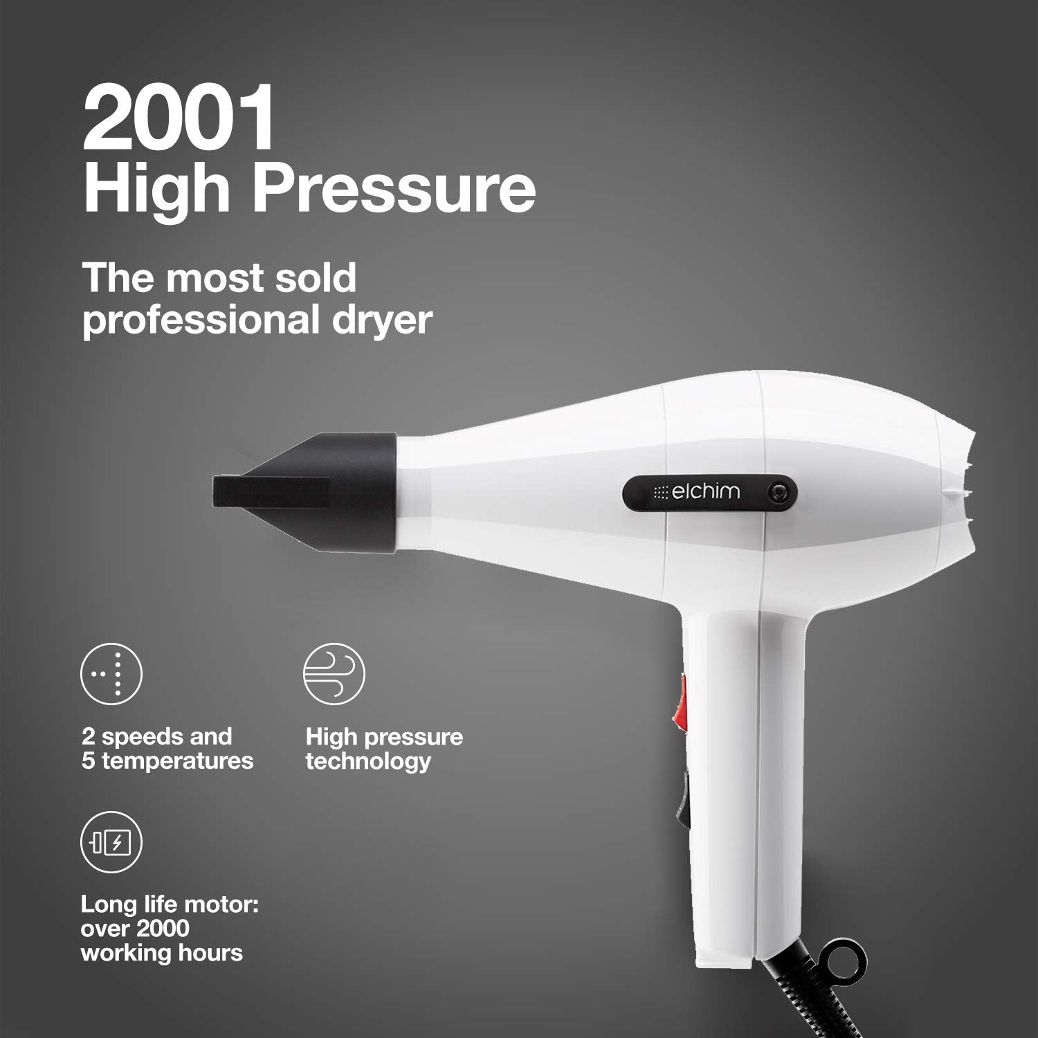 Elchim High Pressure Hair Dryer 2000 Watt - 2001HP (Black)