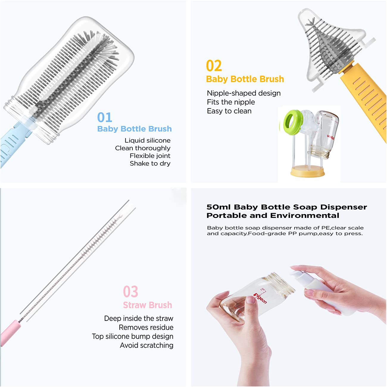 Travel Baby Bottle Drying Rack with Bottle Cleaning Brush Set and Bottle Dryer,Baby Bottle Brush,Nipple Brush and Straw Brush for Baby Bottle Cleaning,Yellow