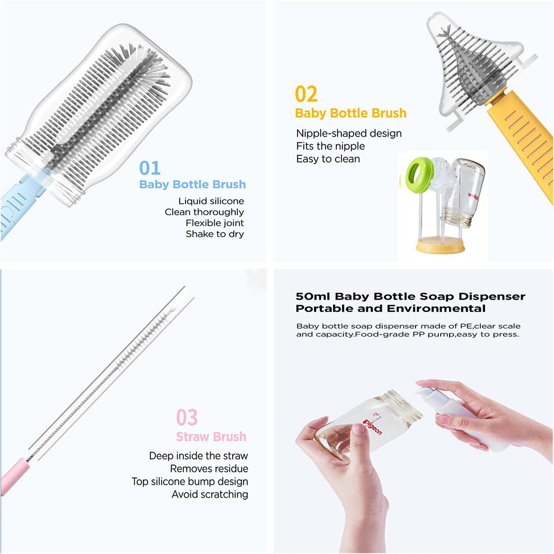 Travel Baby Bottle Drying Rack with Bottle Cleaning Brush Set and Bottle Dryer,Baby Bottle Brush,Nipple Brush and Straw Brush for Baby Bottle Cleaning,Yellow